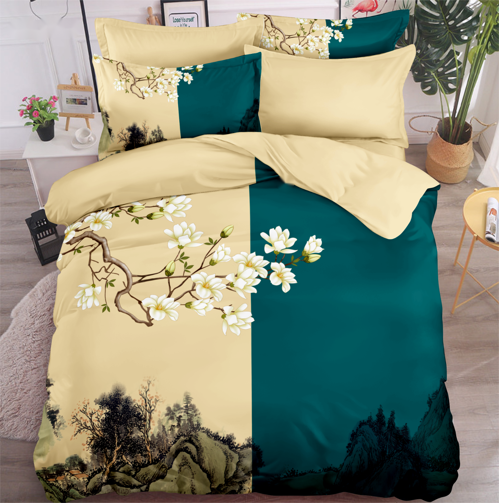 Conjunto de sábana de cama estampada digital diseño elegante de flores