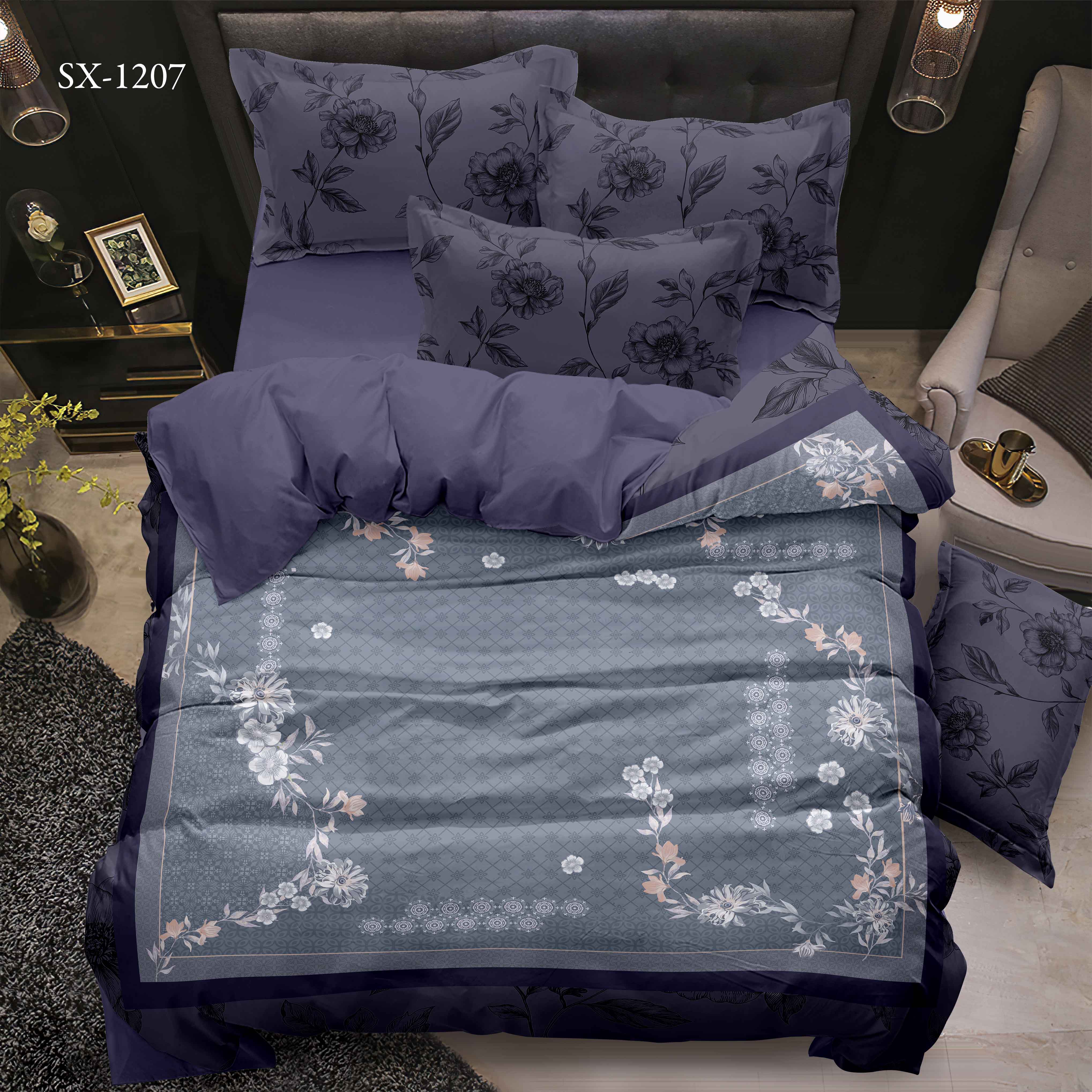 Conjunto de sábana impresa digital 5D con borde floral y diseño de patrones geométricos