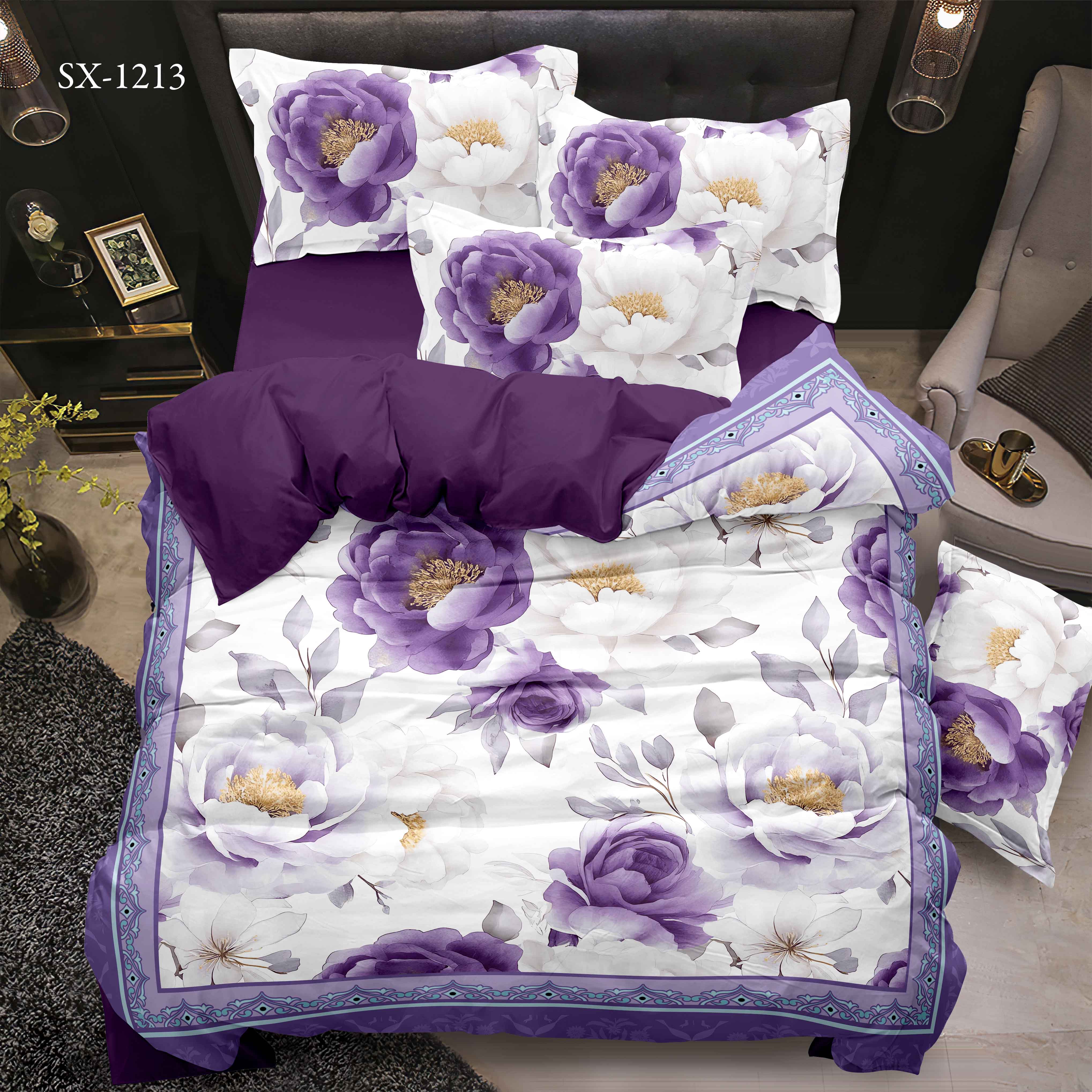 Conjunto de sábana de impresión digital 5D floral con peonía morada y diseño de borde decorativo