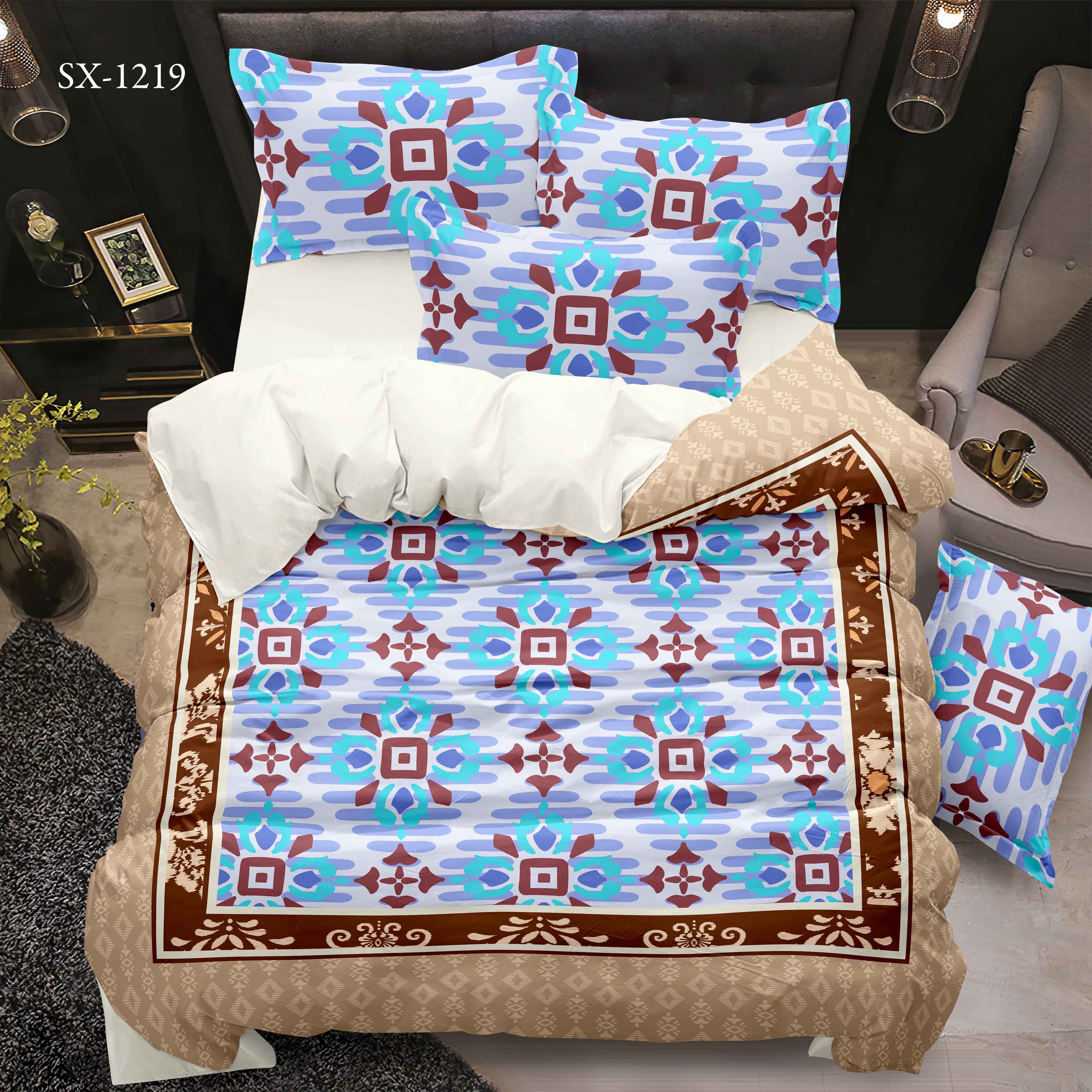 Conjunto de sábana impresa digital 5D con diseño geométrico de mosaico y borde decorativo