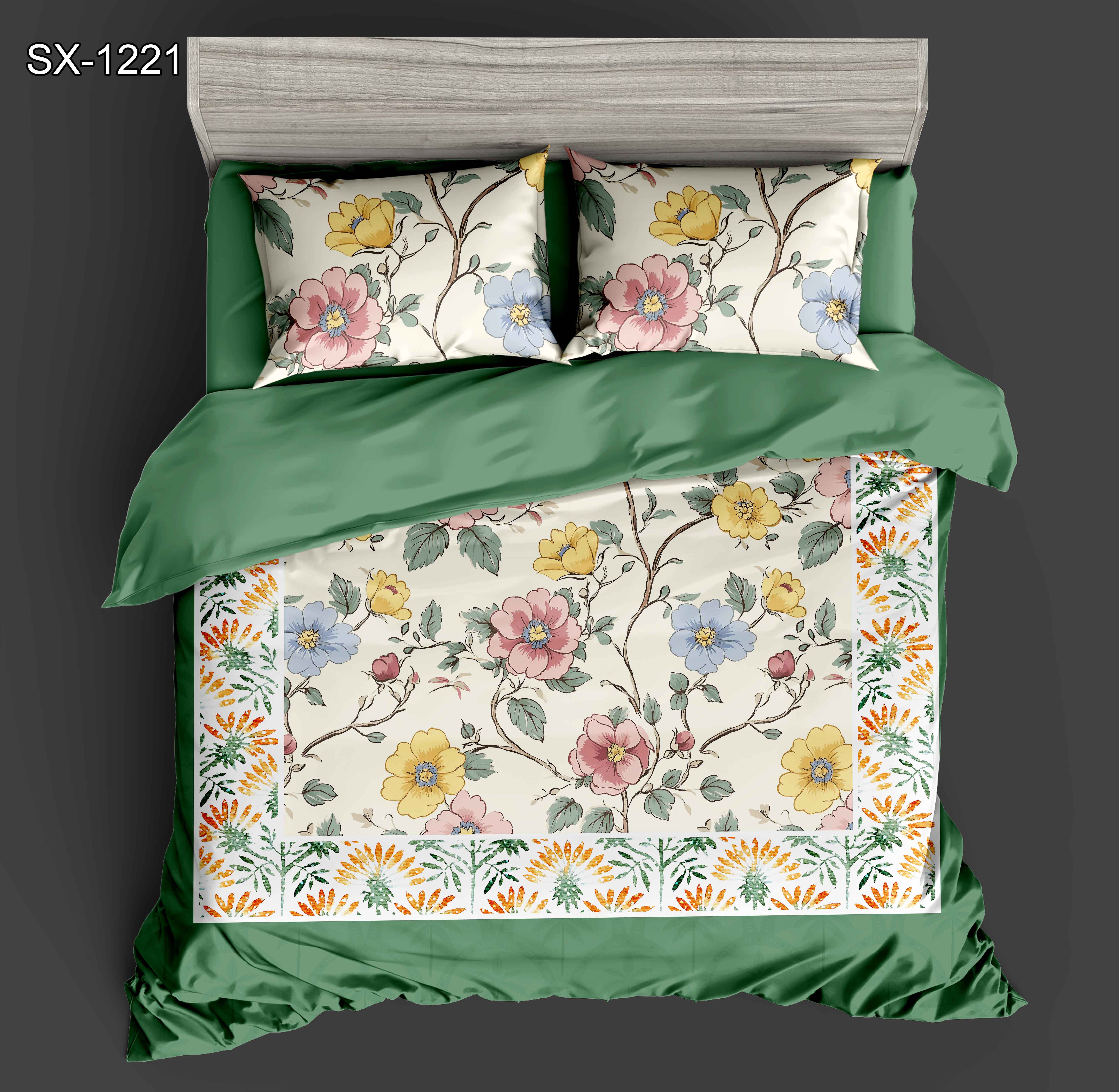 Conjunto de sábana de impresión digital digital 5D floral con flor multicolor y diseño de borde botánico