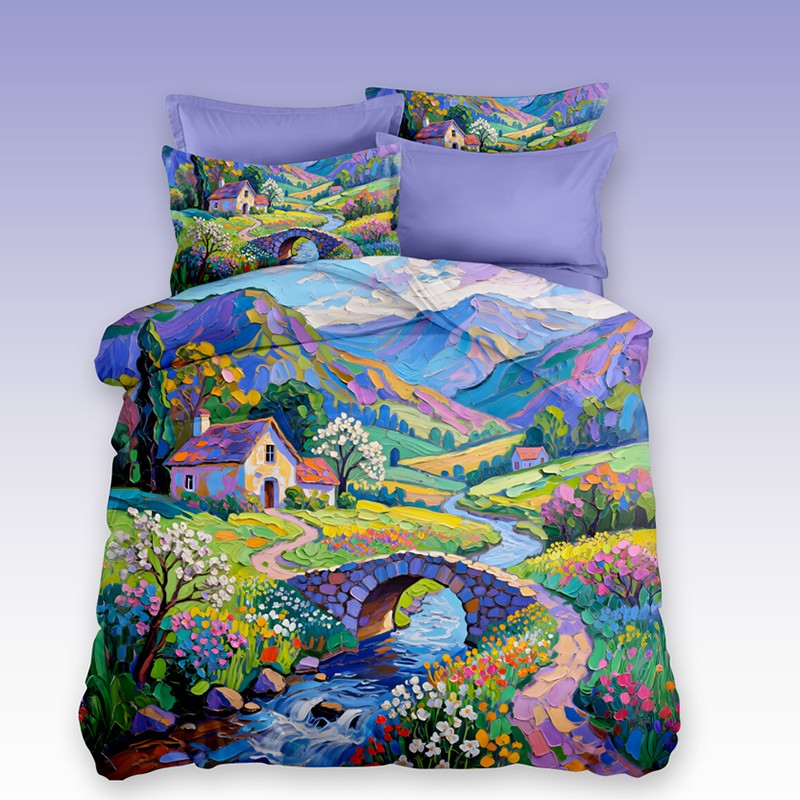 ‌Juego de cama con efecto de pintura al óleo 5D, paisaje pastoral, una obra maestra para tu cama