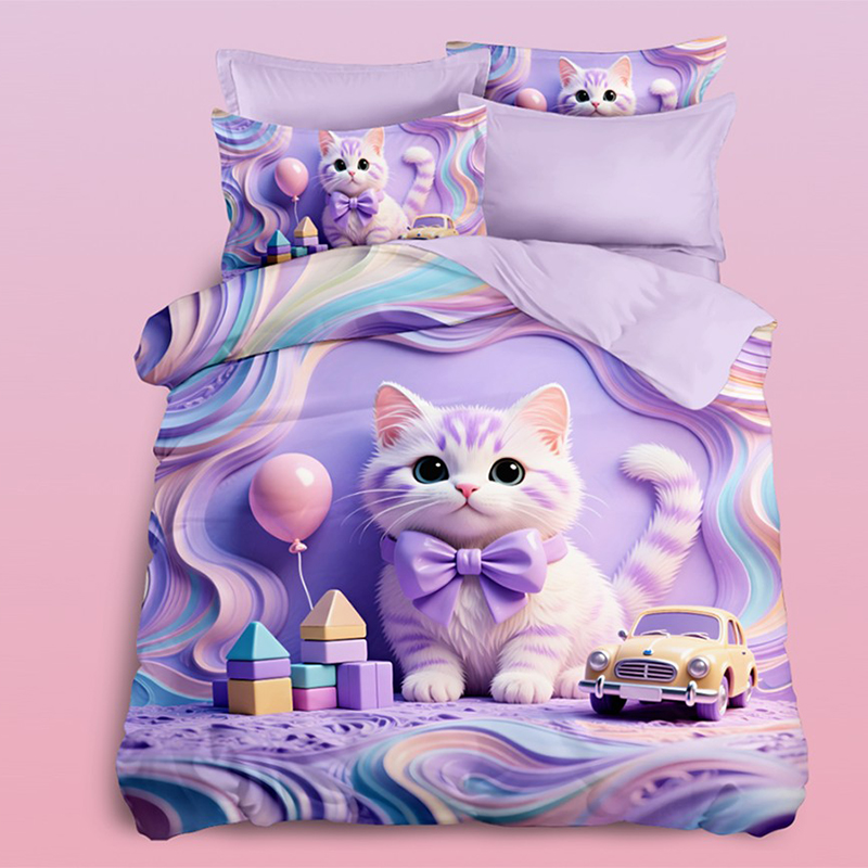 Juego de cama con estampado digital 5D de dibujos animados con un gatito juguetón en colores pastel para crear un ambiente alegre en el dormitorio