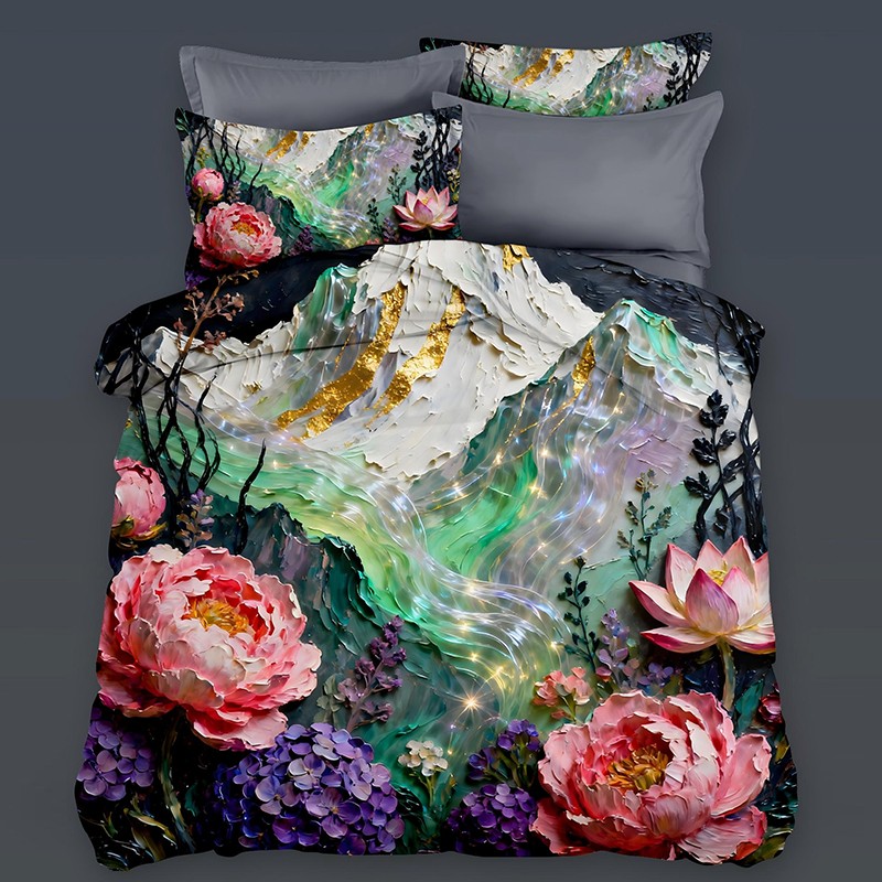Juego de cama con impresión digital con efecto de pintura al óleo 5D - Peonía de montaña y hortensia