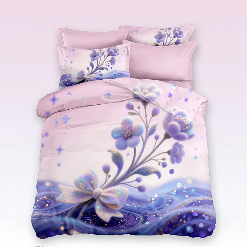 Juego de cama con estampado digital floral 5D -Flor de lavanda y lazo