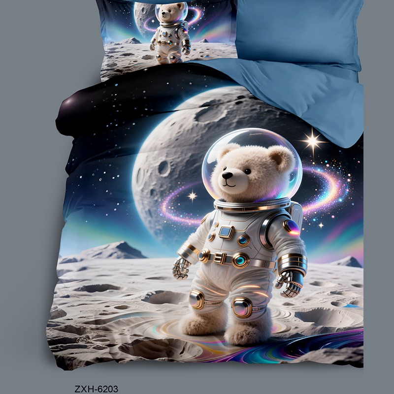 Juego de sábanas con estampado digital 5D de dibujos animados con un astronauta osito de peluche espacial