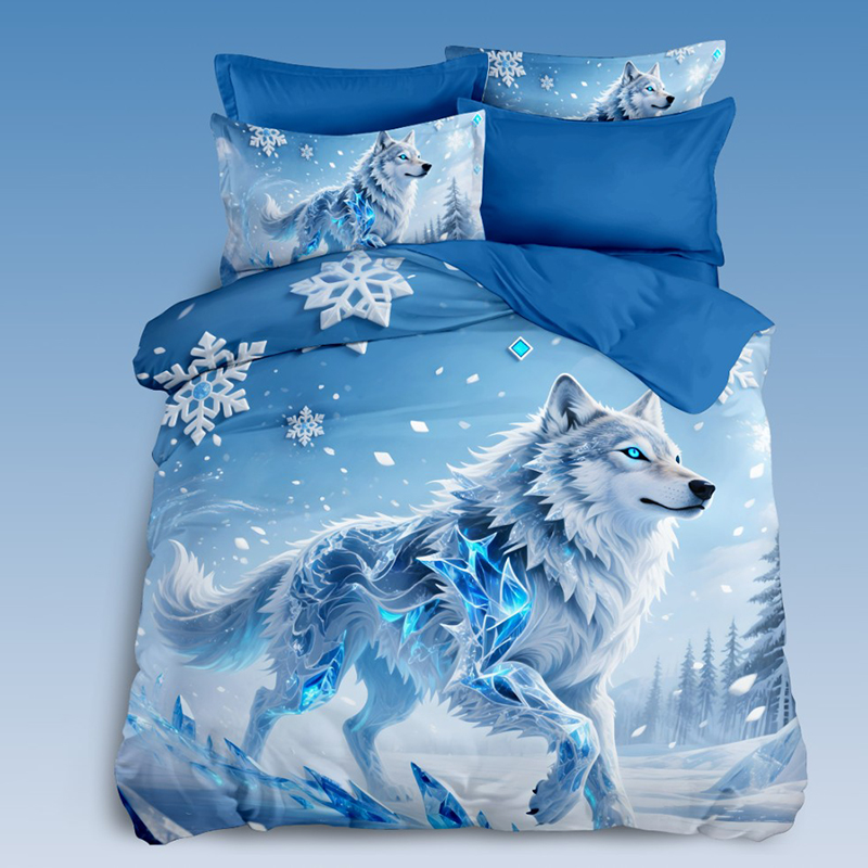 Juego de cama con estampado digital 5D de dibujos animados con diseño de lobo de hielo con cristales brillantes para un tema místico de dormitorio de invierno