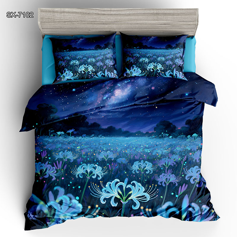 Juego de cama con efecto de pintura al óleo 5D: cielo nocturno y flores azules