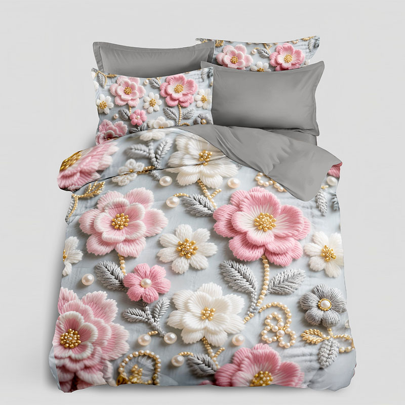 Juego de cama floral con efecto de bordado digital 5D - Melocotón ruborizado