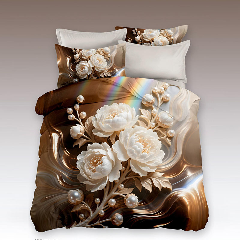 Juego de cama con estampado digital floral 5D -Peonía adornada con perlas