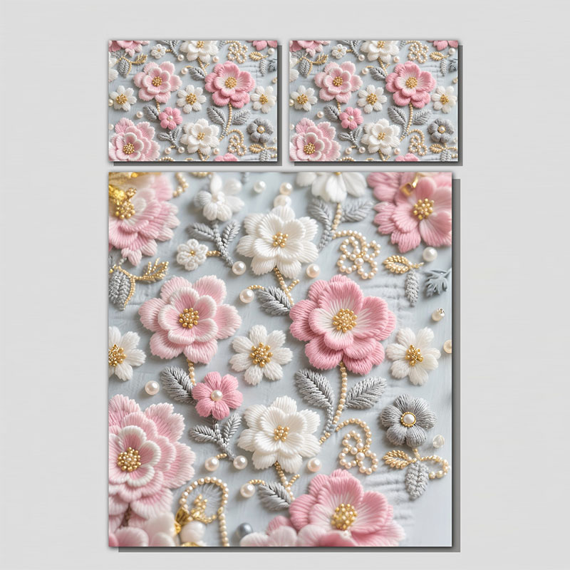 Juego de cama floral con efecto de bordado digital 5D - Melocotón ruborizado