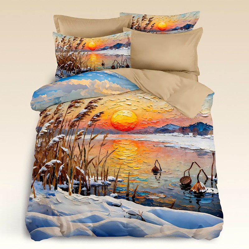 Juego de cama con impresión digital con efecto de pintura al óleo 5D - Puesta de sol nevada