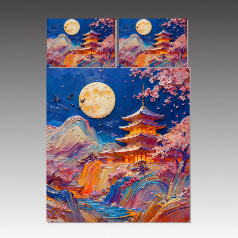 Juego de cama con efecto de pintura al óleo 5D - Templo iluminado