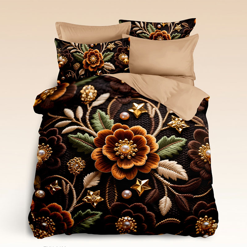 Juego de cama floral con efecto de bordado digital 5D: ‌Peonías de inspiración vintage‌