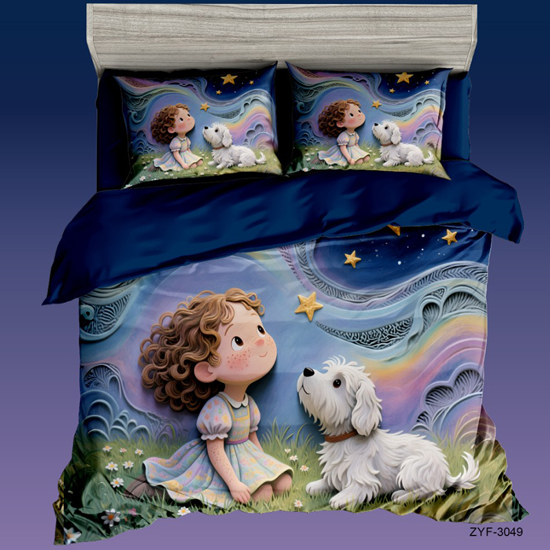 Juego de cama con estampado digital 5D de dibujos animados con diseño de niña dulce y perro bajo las estrellas