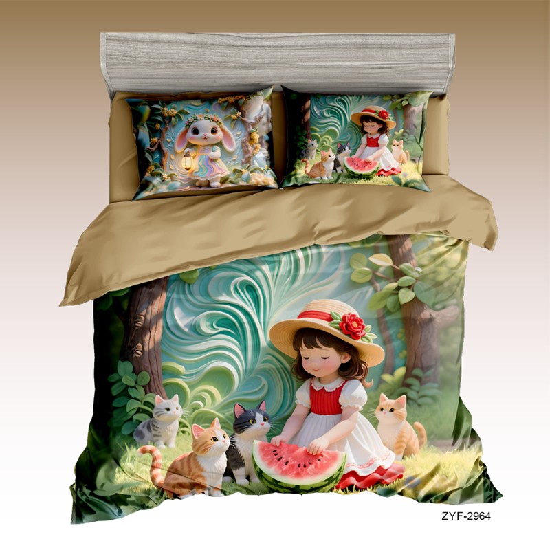 Juego de sábanas con estampado digital 5D de dibujos animados con una niña y gatitos en un picnic de verano