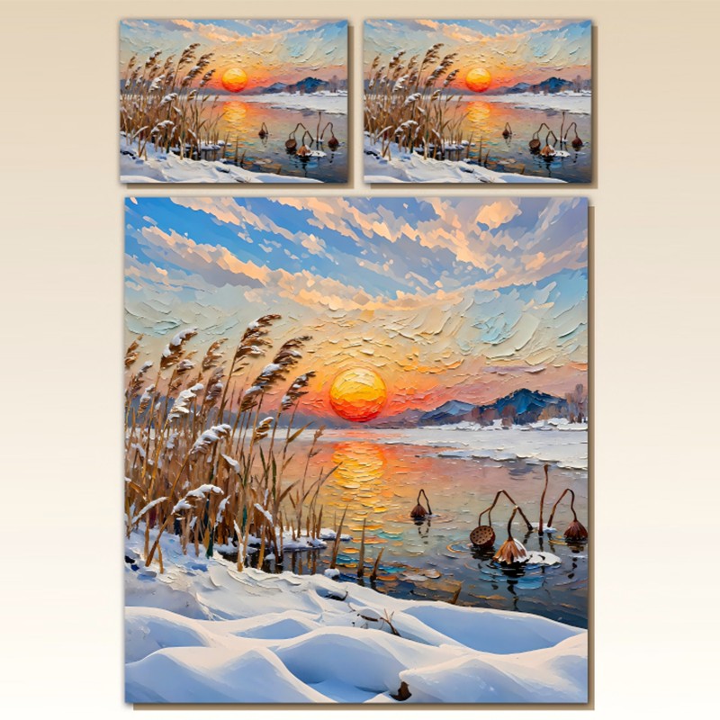 Juego de cama con impresión digital con efecto de pintura al óleo 5D - Puesta de sol nevada