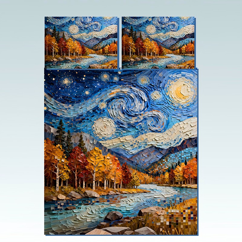 ‌Juego de cama con impresión digital con efecto de pintura al óleo 5D - ‌Bosque de otoño y noche estrellada