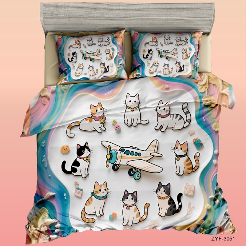 Juego de cama con estampado digital de dibujos animados 5D con divertido diseño de viaje en avión y gato