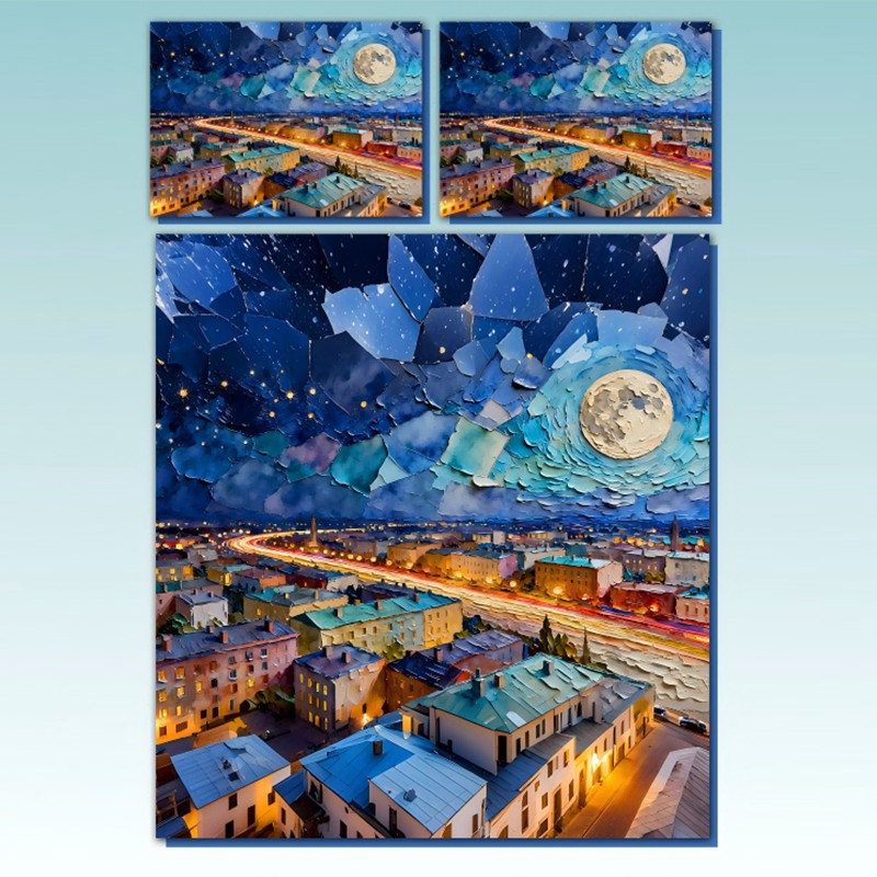 Juego de cama con impresión digital con efecto de pintura al óleo 5D - Ciudad iluminada por la luna
