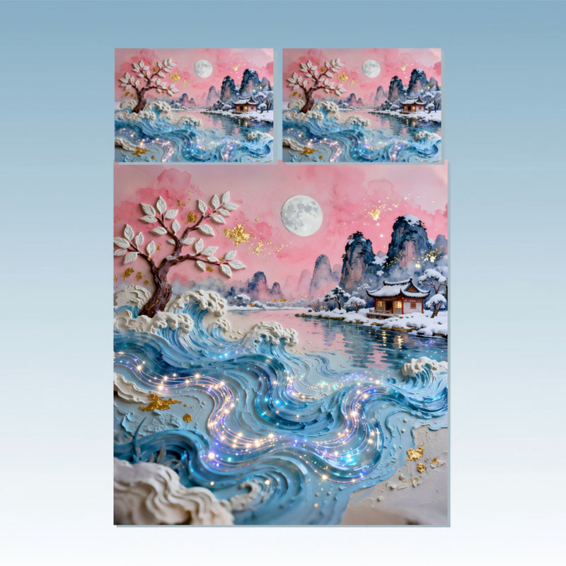Juego de cama con efecto de pintura al óleo 5D - Luna de invierno y paisaje nevado