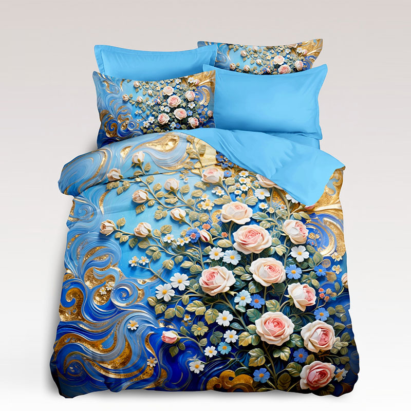 ‌Juego de cama con estampado digital floral 5D - Floración lujosa azul y dorada‌