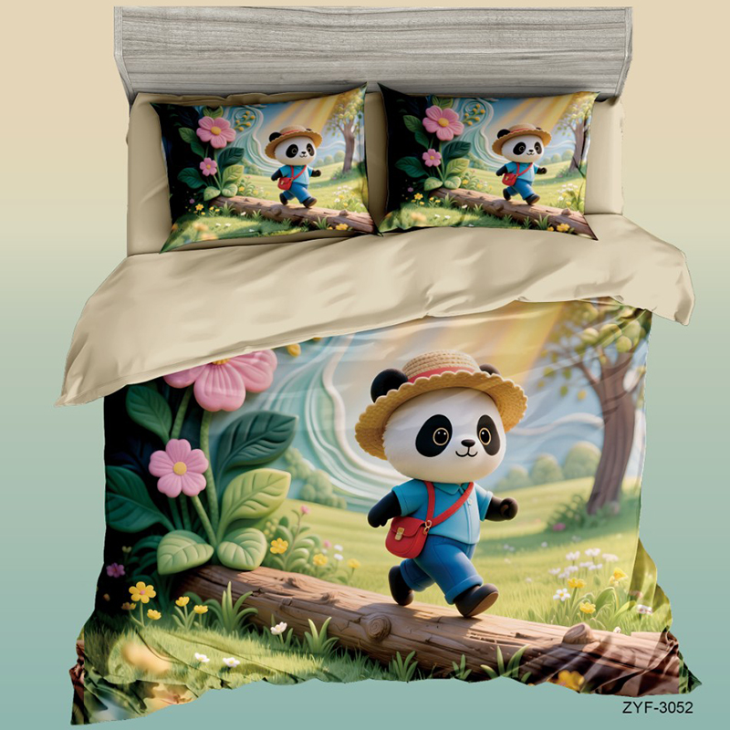 Juego de cama con estampado digital 5D de dibujos animados con un bonito diseño de panda caminando en el bosque iluminado por el sol