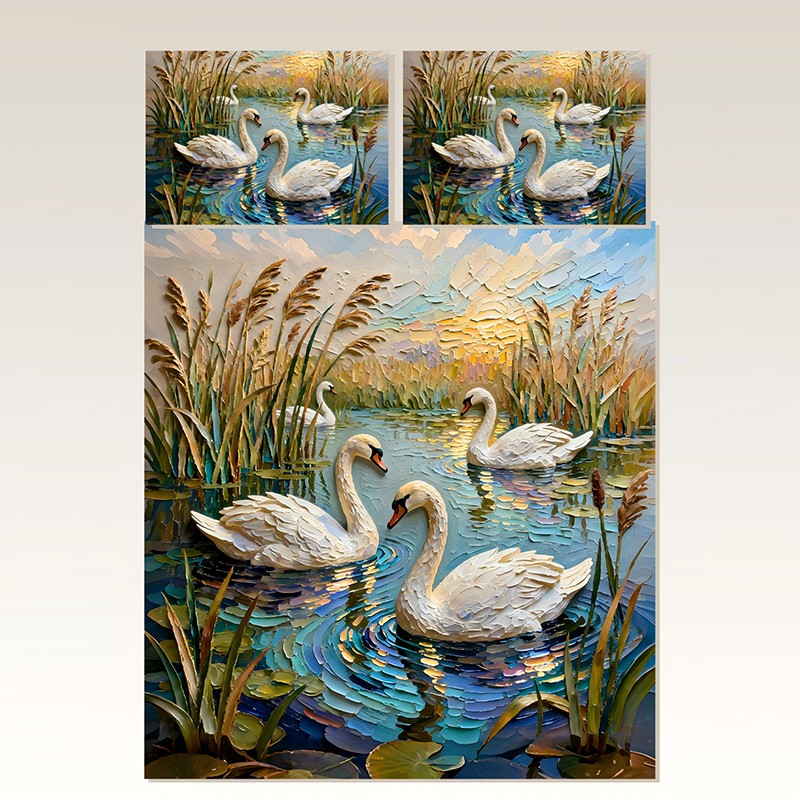 ‌Juego de cama con impresión digital con efecto de pintura al óleo 5D - ‌El lago de los cisnes