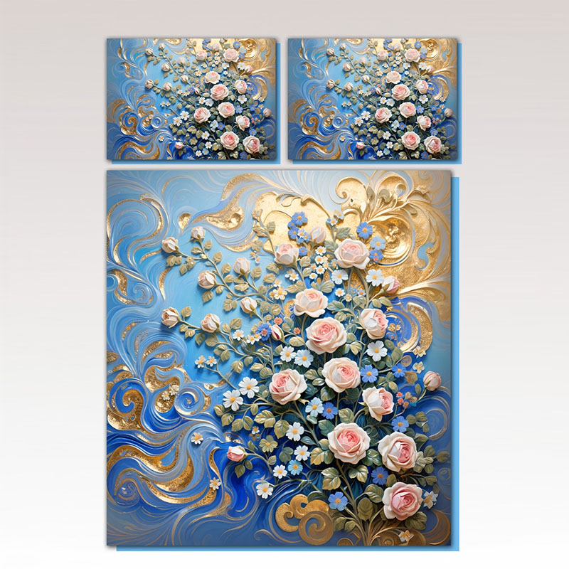 Juego de cama con estampado digital floral 5D - Floración lujosa azul y dorada