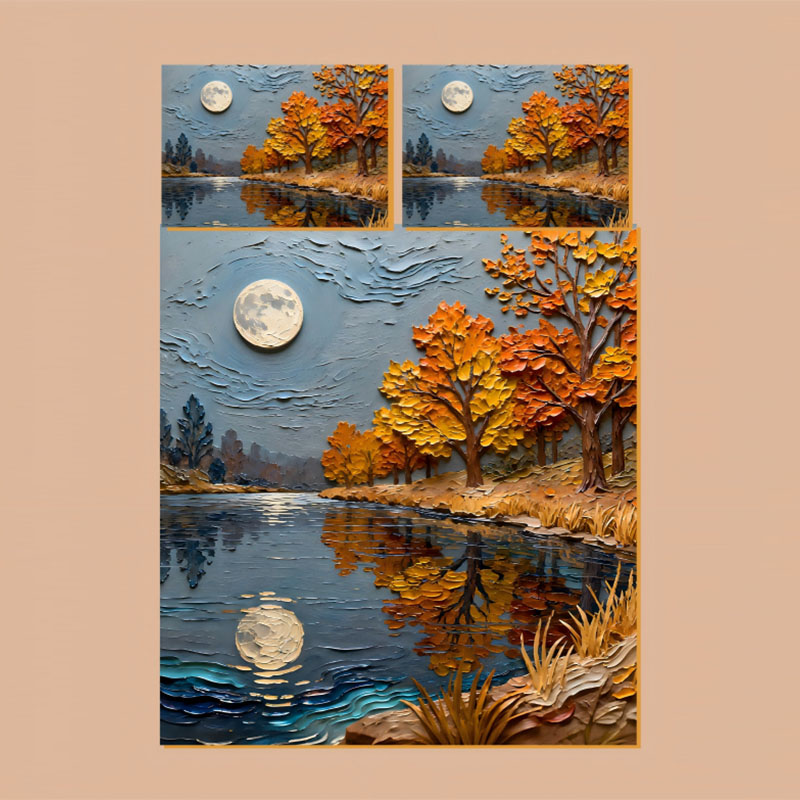 Juego de cama con efecto de pintura al óleo 5D - Bosque otoñal iluminado por la luna