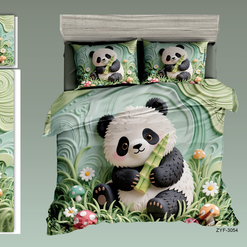 Juego de cama con estampado digital 5D de dibujos animados con juguetones pandas y setas en un apacible diseño de pradera