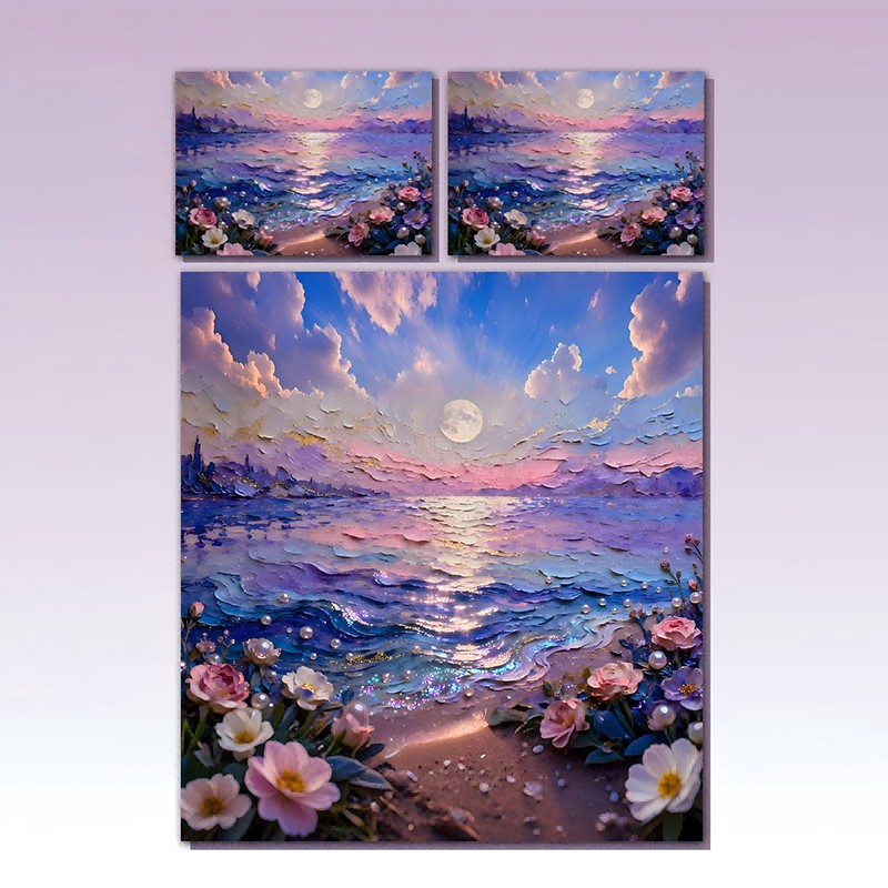 Juego de cama con impresión digital con efecto de pintura al óleo 5D - Luz de luna costera