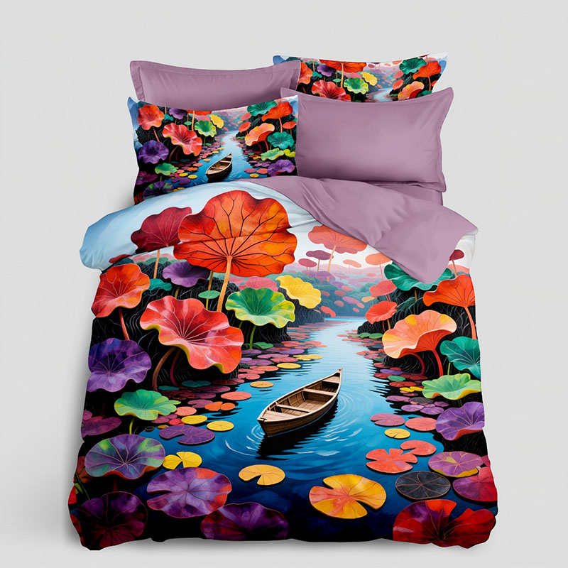 ‌Juego de cama con estampado digital floral 5D -Lotus & Boat
