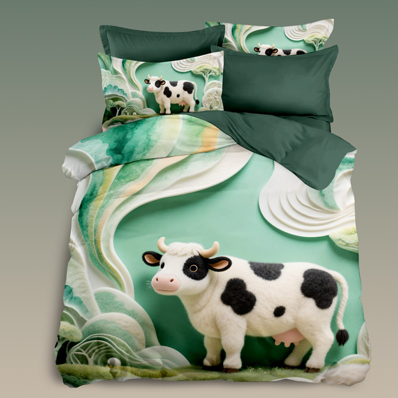 Juego de cama con estampado digital 5D de dibujos animados y adorable diseño de vaca en verde suave y blanco para crear un ambiente divertido en el dormitorio