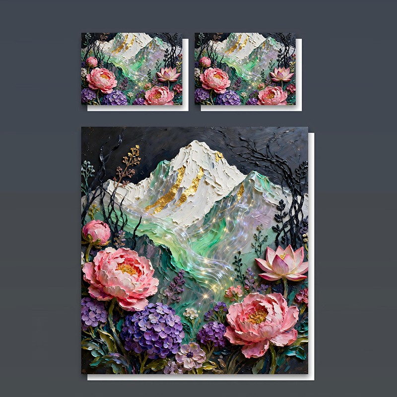 Juego de cama con impresión digital con efecto de pintura al óleo 5D - Peonía de montaña y hortensia