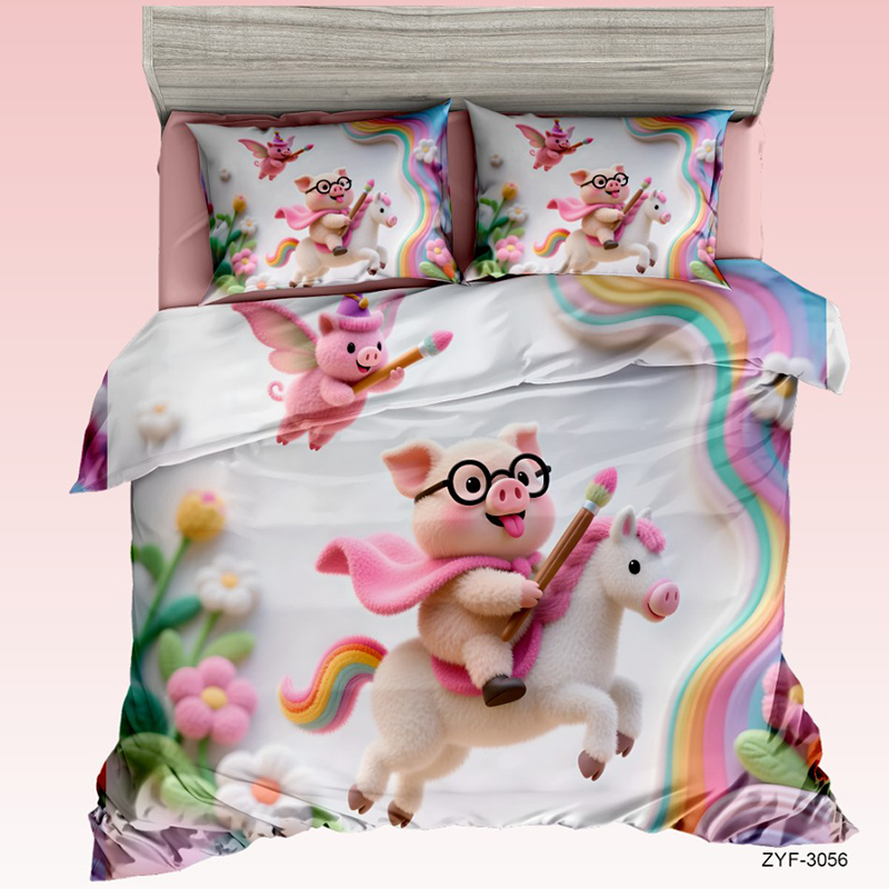 Juego de cama con estampado digital 5D de dibujos animados con diseño de cerdo sobre un unicornio arcoíris
