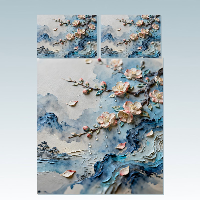 Juego de ropa de cama con impresión digital con efecto de pintura al óleo 5D - Flor de melocotón besada por la lluvia