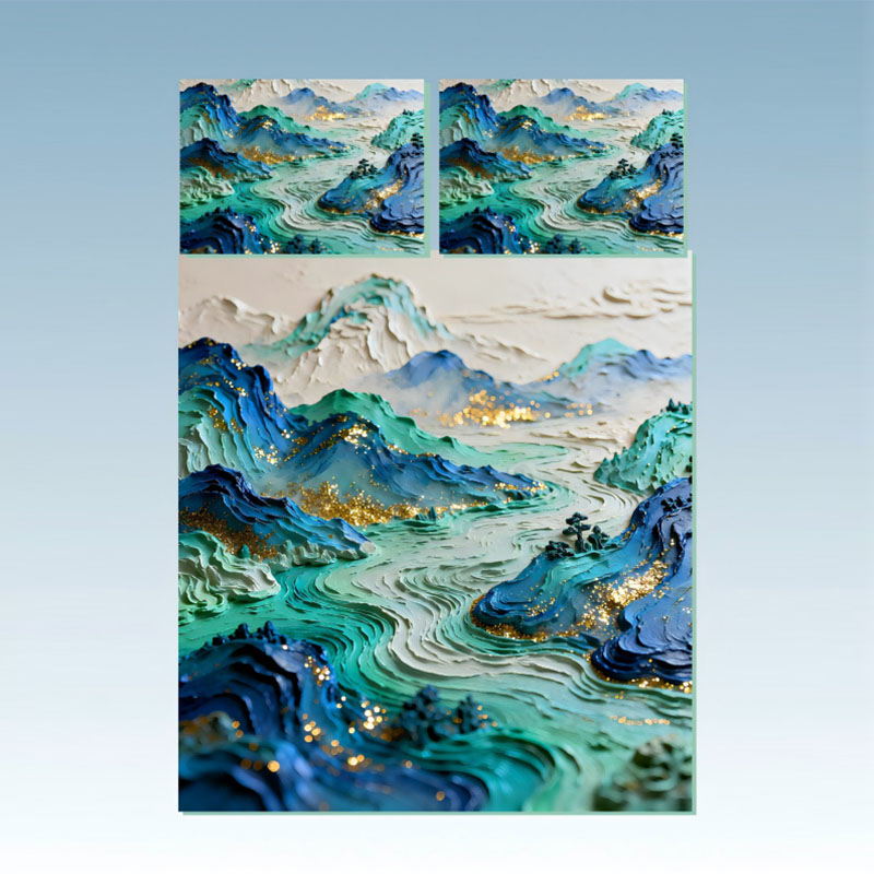 Juego de cama con efecto de pintura al óleo 5D - Montaña y mar con destellos dorados