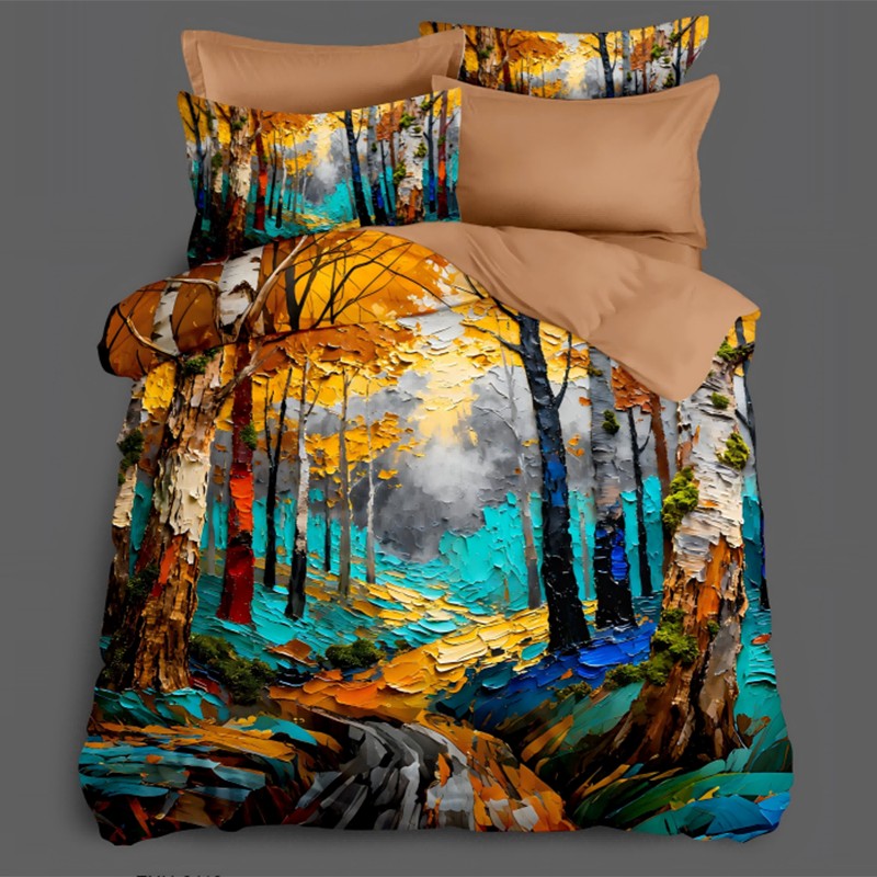 Juego de cama con impresión digital con efecto de pintura al óleo 5D - Bosque de abedules