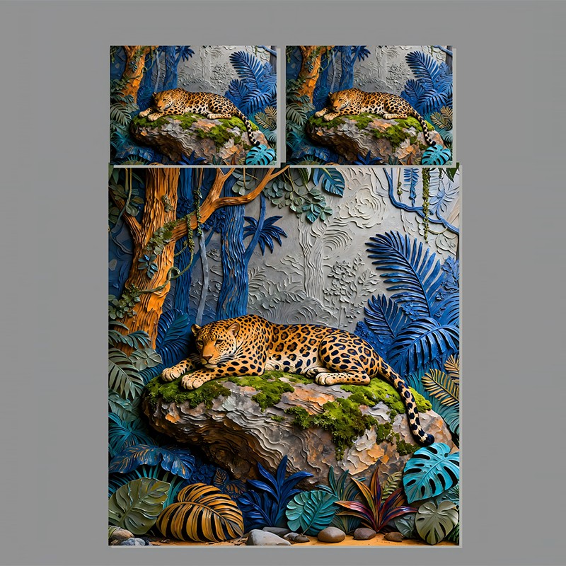 Juego de cama con impresión digital con efecto de pintura al óleo 5D - Leopard Jungle