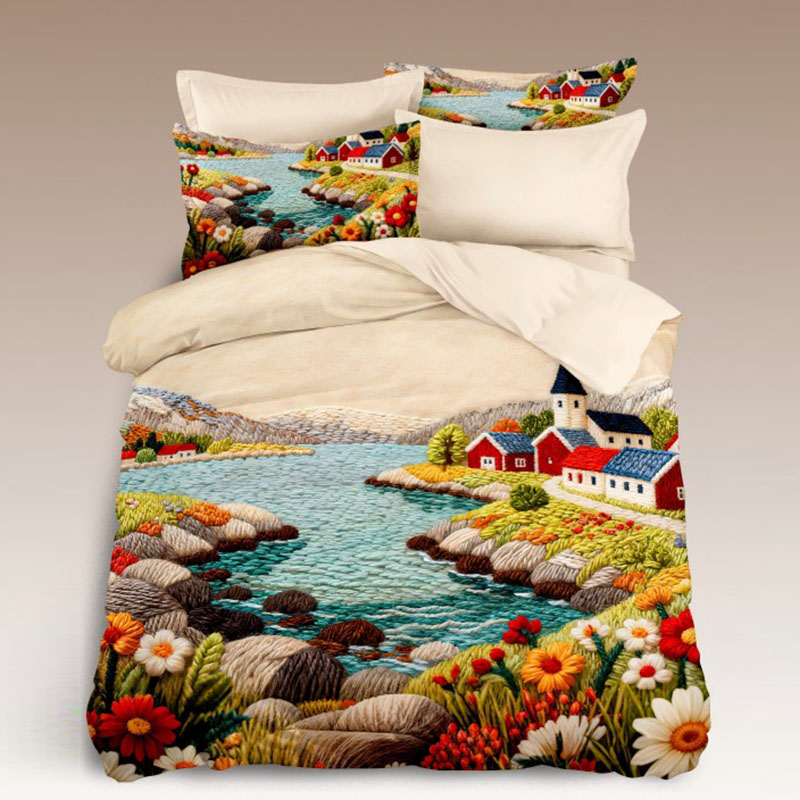 Juego de sábanas con estampado digital de dibujos animados 5D: Pueblo Encantado