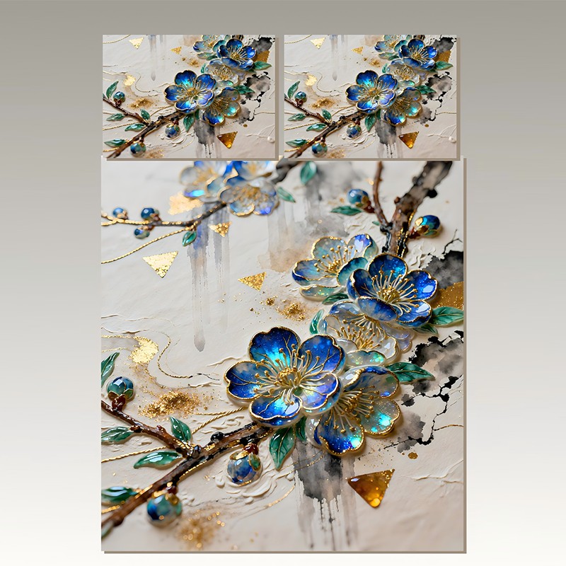 Juego de cama con impresión digital con efecto de pintura al óleo 5D - Flor de ciruelo azul