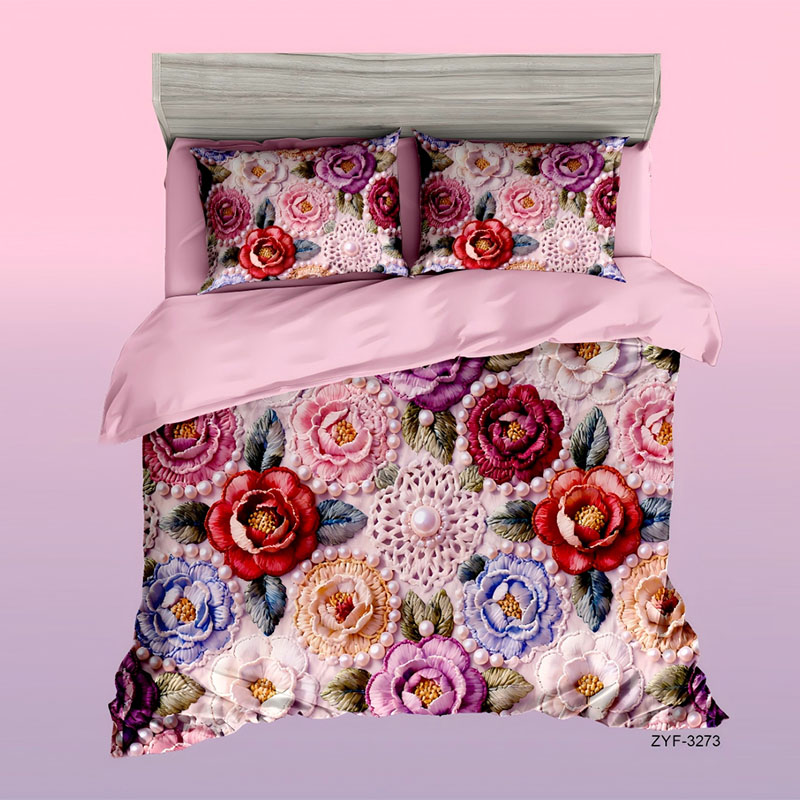 Juego de cama con estampado digital con efecto de bordado floral 5D, peonías