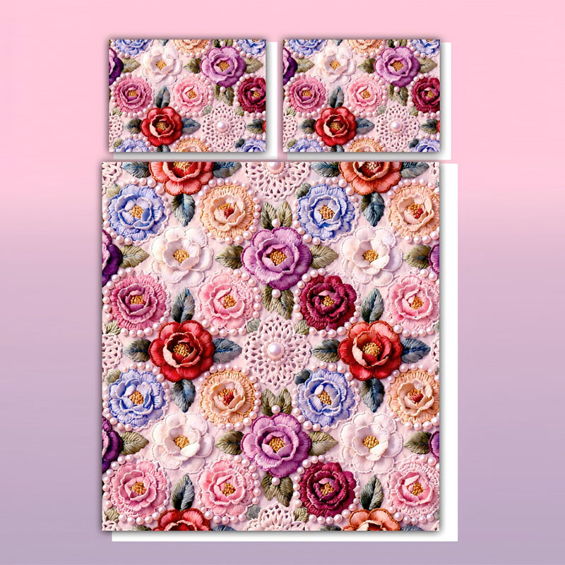 Juego de cama con estampado digital con efecto de bordado floral 5D, peonías