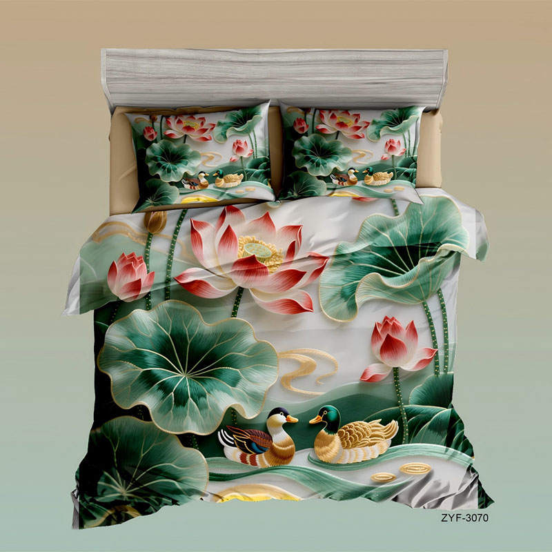 Juego de cama con estampado digital floral 5D - ‌Lotus & Mandarin Ducks