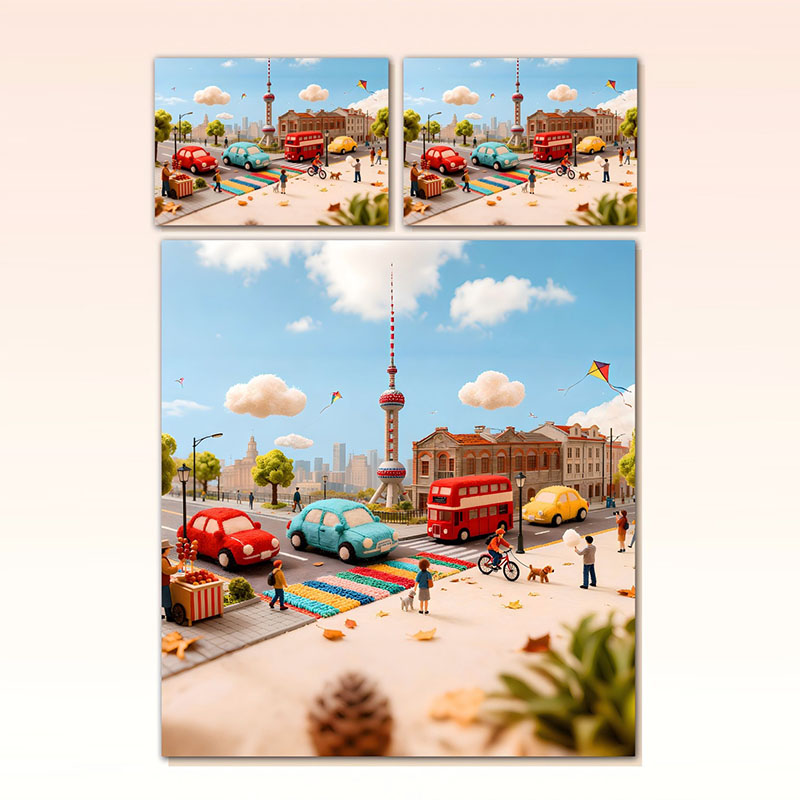 Juego de sábanas con estampado digital de dibujos animados 5D: Caprichoso paisaje urbano de Shanghai