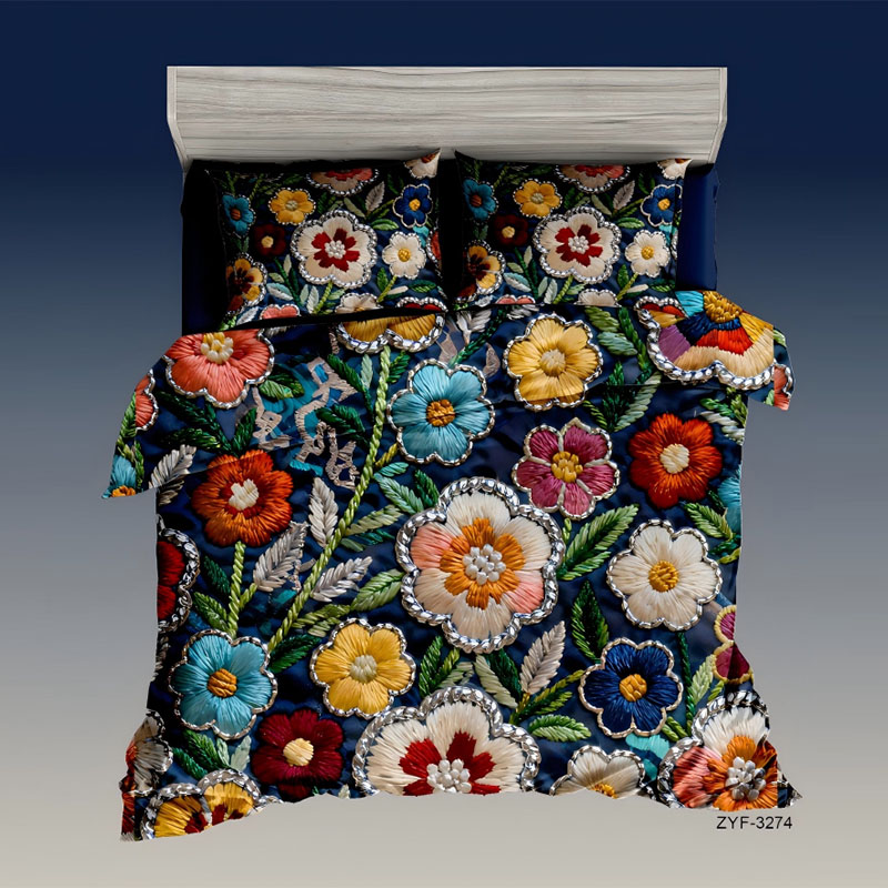 Juego de cama con estampado digital con efecto de bordado floral 5D-‌Floral húngaro