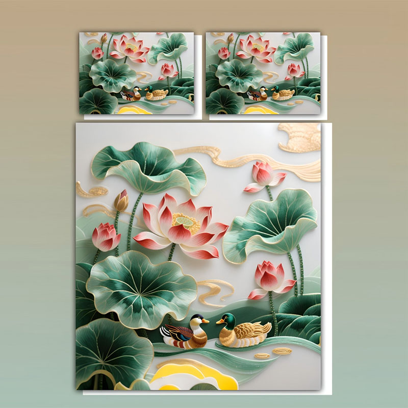 Juego de cama con estampado digital floral 5D - ‌Lotus & Mandarin Ducks