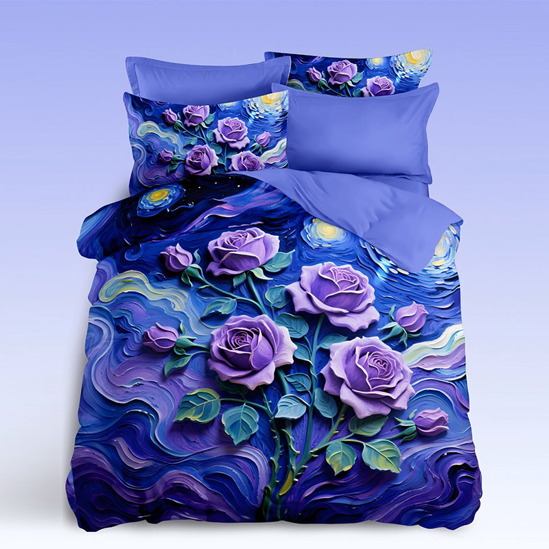 ‌Juego de cama con estampado digital floral 5D -Rosa y cielo estrellado