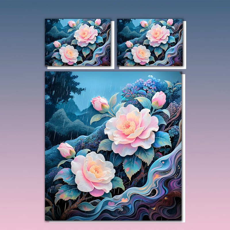 Juego de cama con impresión digital 5D - Misty Rain Camellia